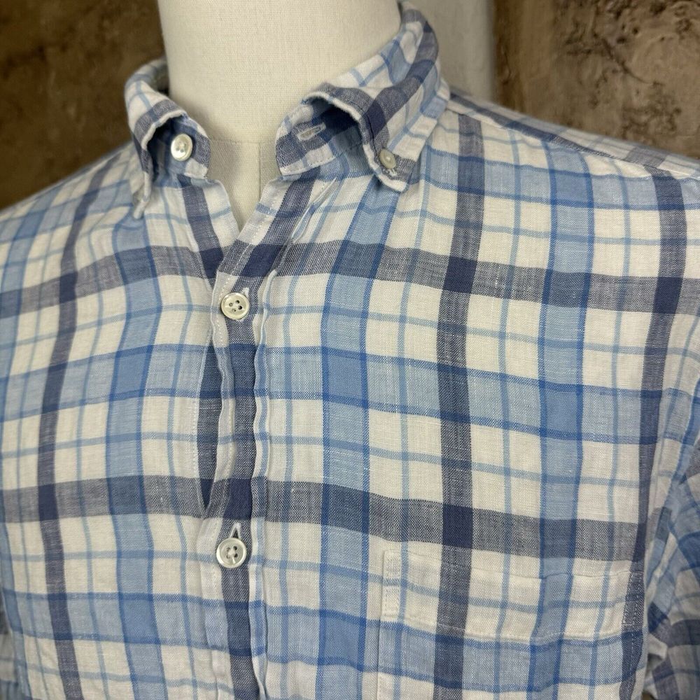 Vineyard Vines Shirt Mens Medium Blue Plaid Linen Classic Fit Murray Button Down